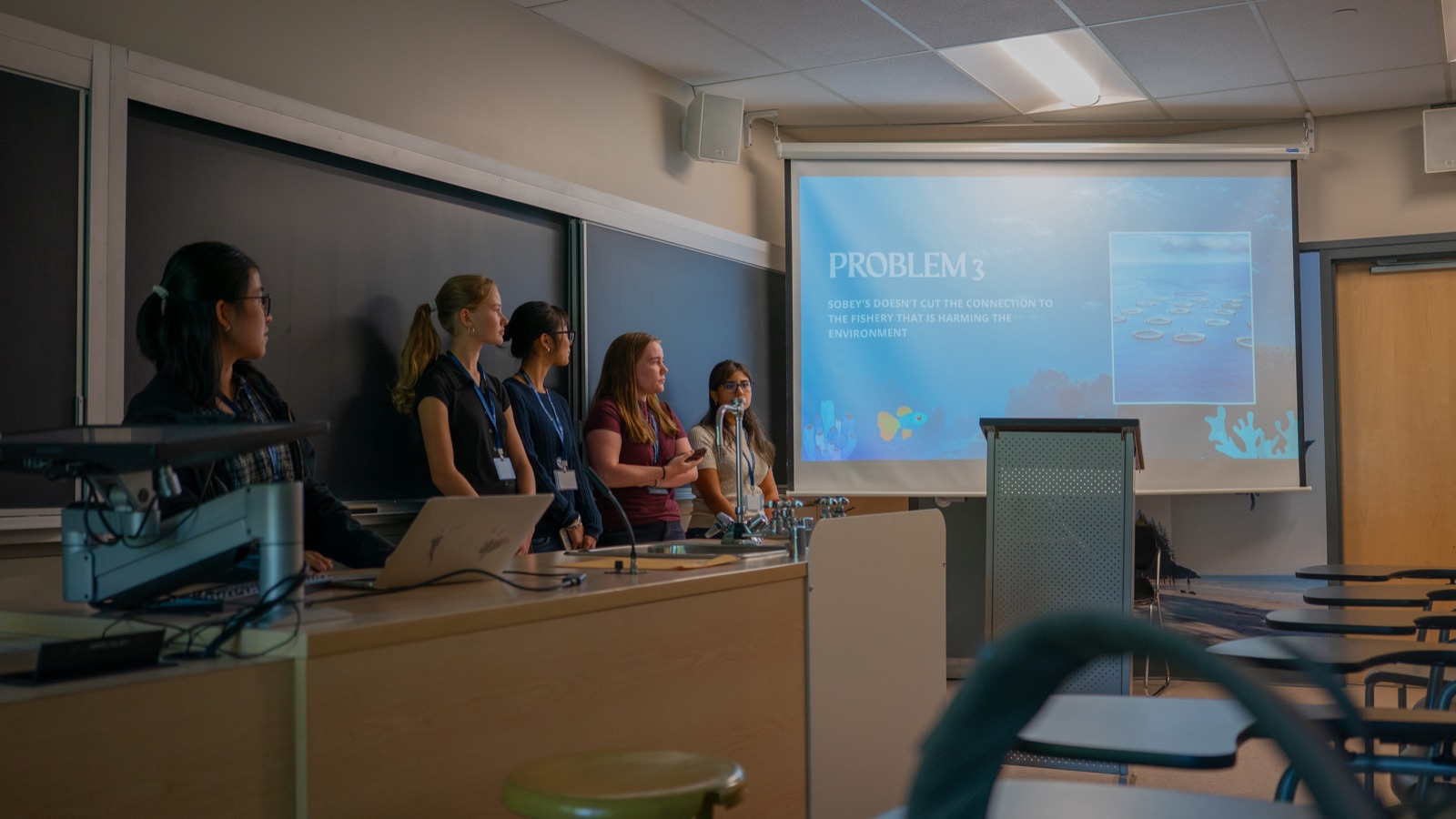 A team presenting at the front of a classroom