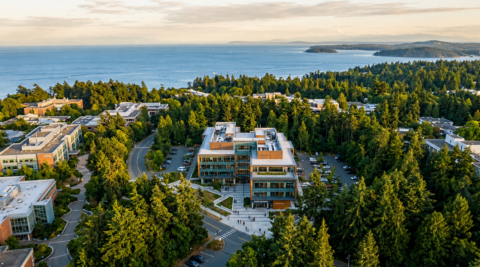Aerial view of the University of Victoria campus beside the water