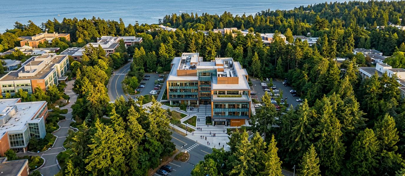 The Elliott Building at the University of Victoria surrounded by trees and coastline